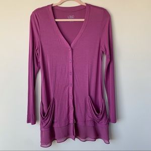 LOGO by Lori Goldstein Knit Cardigan With Chiffon Details Pink Size XS